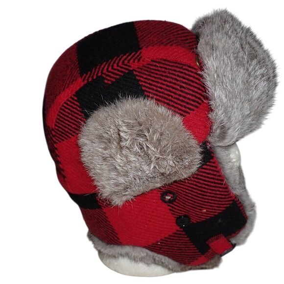 Eskimo Ice Fishing Gear‎ Red Black Buffalo Plaid Fur Flap Hat Alaskan Hunting L - Picture 4 of 11
